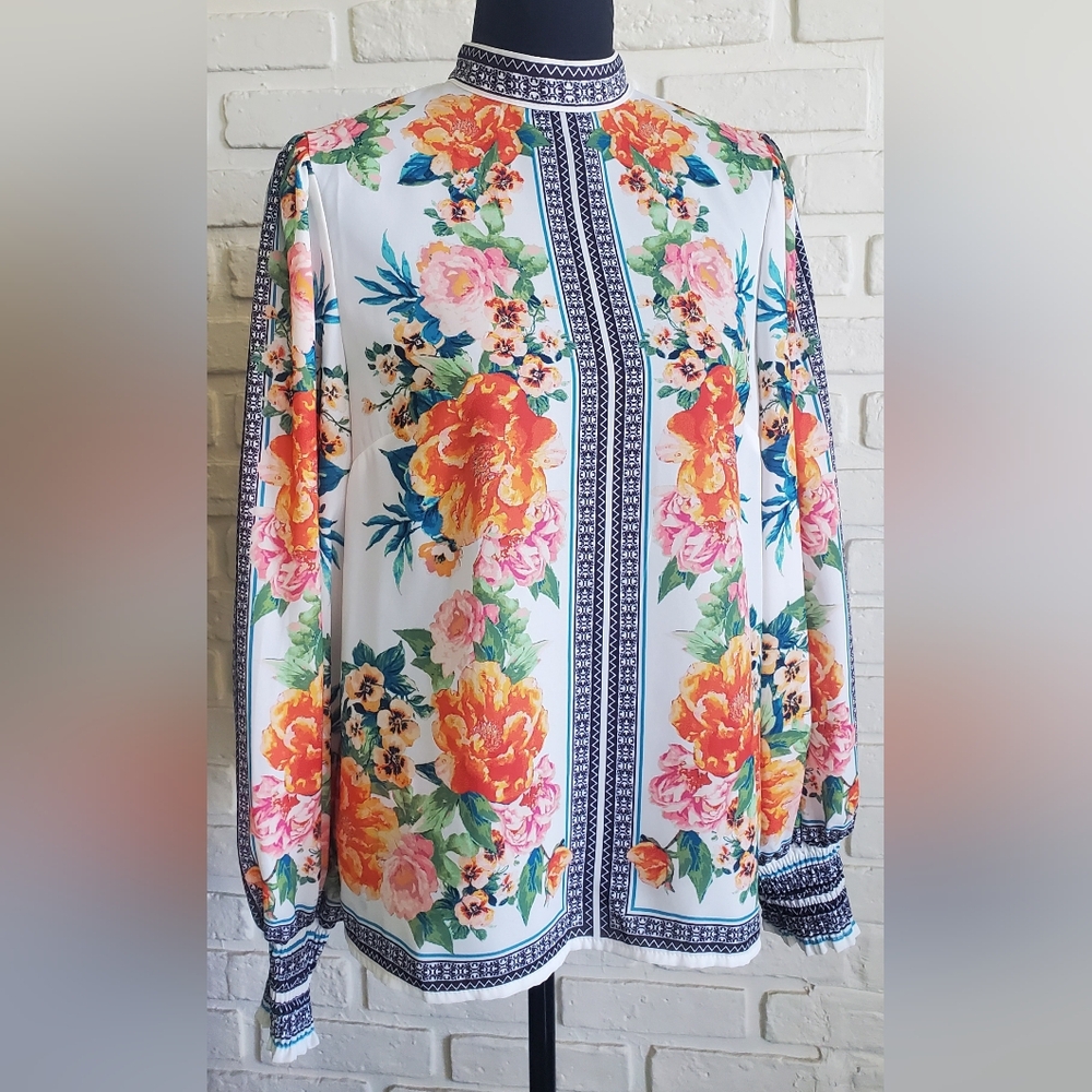 Jealous Tomato Blouse Mock Neck Long Bouson Sleeves Intricate Pattern Small